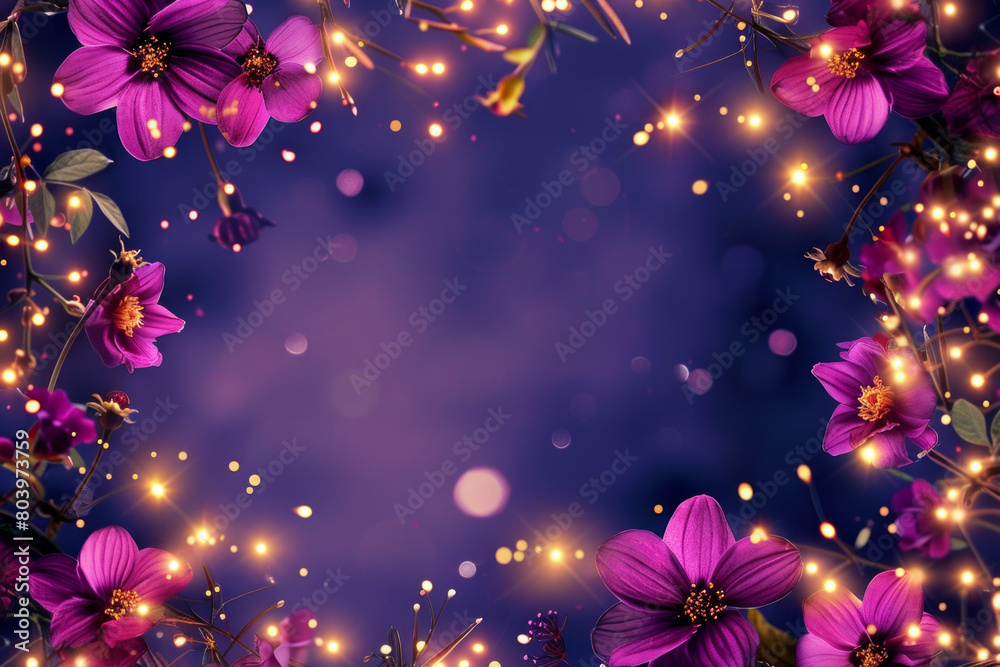 Beautiful fairy lights pattern with flowers around the frame with blank center for background Beautiful fairy lights pattern with flowers around the frame with blank center for background