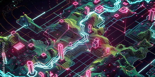 Neon Wireframe Wonderland: Augmented Reality Videogame Map