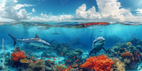 Fototapeta Naklejka Na Ścianę i Meble -  Above and below surface of the Caribbean sea with coral reef, fishes and dolphin underwater and a cloudy blue sky.