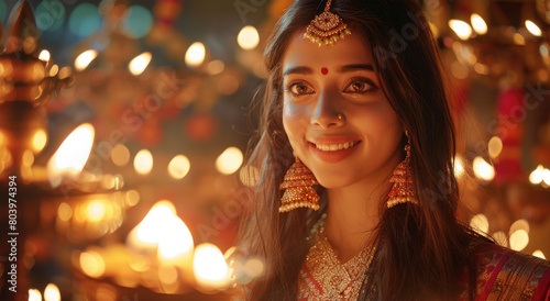 A beautiful Indian woman in traditional attire lighting oil lamps during Diwali, with long hair and delicate earrings, smiling gently