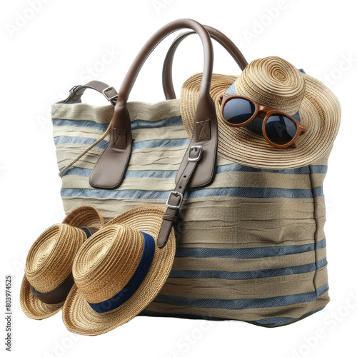 Stylish beach bag with a Hat on Transparent Background.