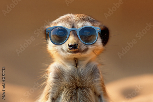 Meerkat sporting stylish blue sunglasses in a desert setting.