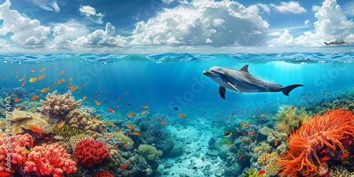 Above and below surface of the Caribbean sea with coral reef  fishes and dolphin underwater and a cloudy blue sky.