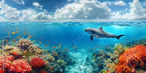 Fototapeta Naklejka Na Ścianę i Meble -  Above and below surface of the Caribbean sea with coral reef, fishes and dolphin underwater and a cloudy blue sky.