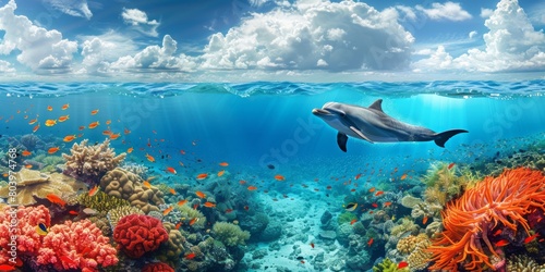 Above and below surface of the Caribbean sea with coral reef  fishes and dolphin underwater and a cloudy blue sky.