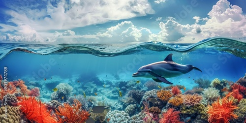 Above and below surface of the Caribbean sea with coral reef  fishes and dolphin underwater and a cloudy blue sky.