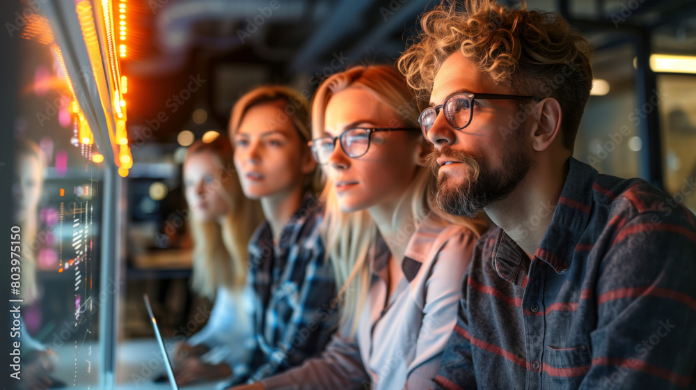 Obraz premium A dynamic team collaborates on a high-tech project in a modern workspace.