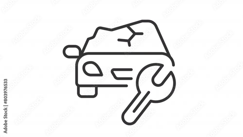 Collision repair line animation. Animated crashed car and wrench icon. Accident repair service. Vehicle recovery. Black illustration on white background. HD video with alpha channel. Motion graphic Collision repair line animation. Animated crashed car and wrench icon. Accident repair service. Vehicle recovery. Black illustration on white background. HD video with alpha channel. Motion graphic