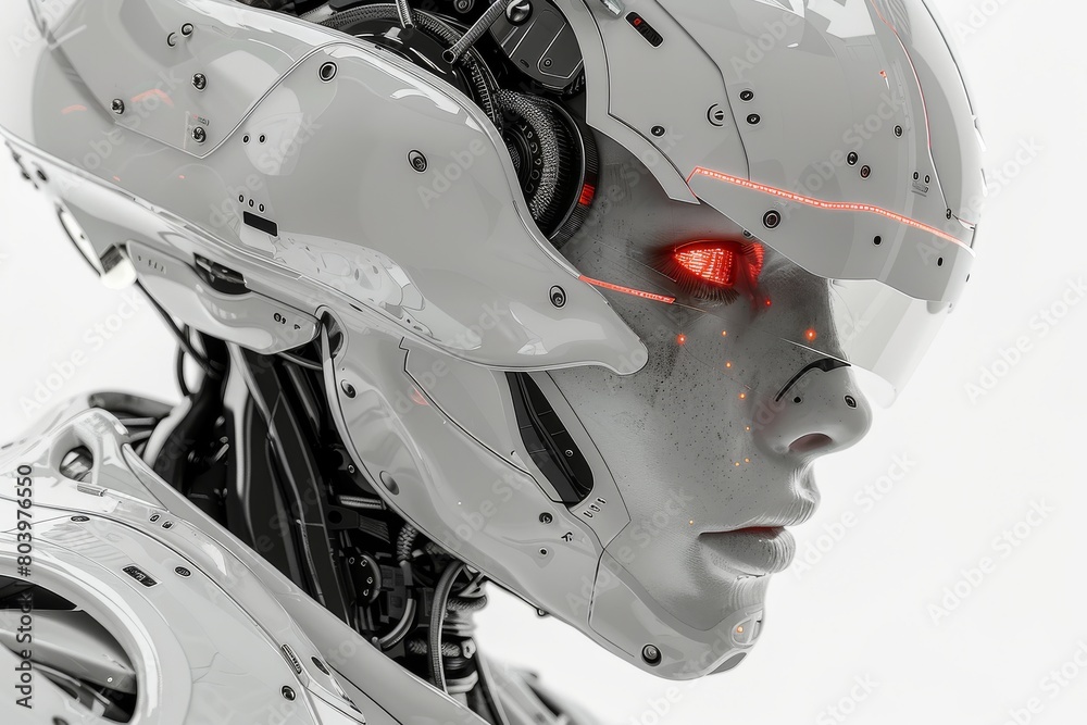Impressive close-up view of robotic design elements showcasing futuristic technology in a white laboratory setting Impressive close-up view of robotic design elements showcasing futuristic technology in a white laboratory setting