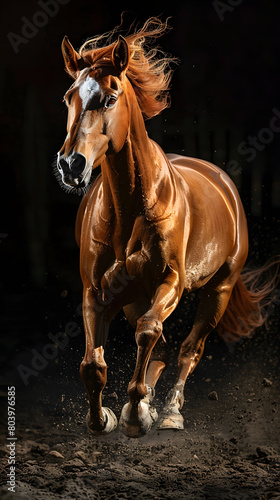 Sorrel horse with a flowing mane galloping in dimly lit space