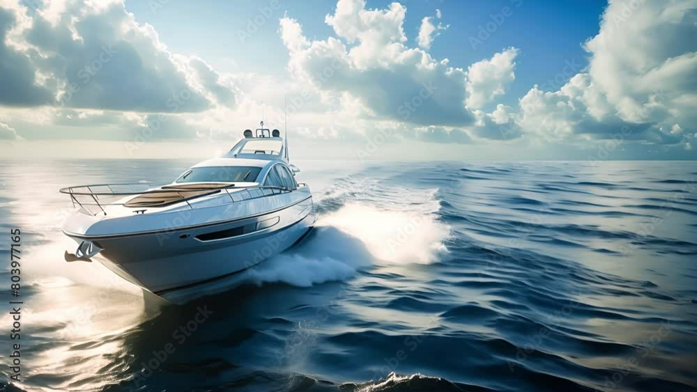 High speed motor boat on a lake and ice mountain landscape on the ...