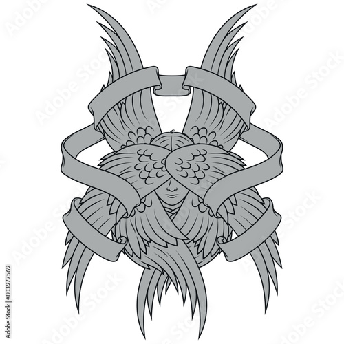 Angel with six wings and surrounded with ribbon