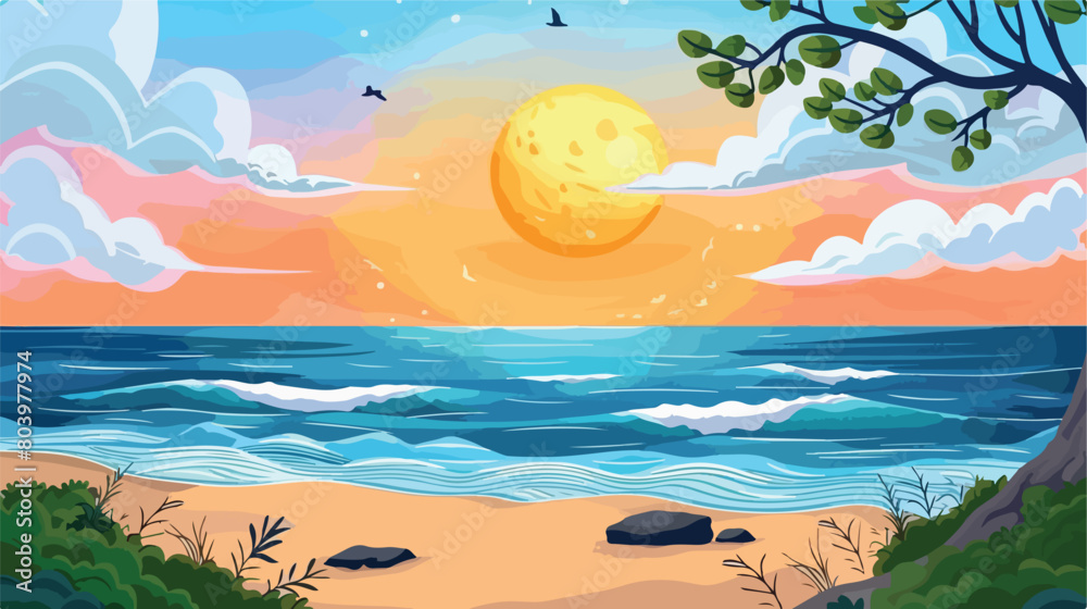 View of beautiful seascape on summer day Vector style