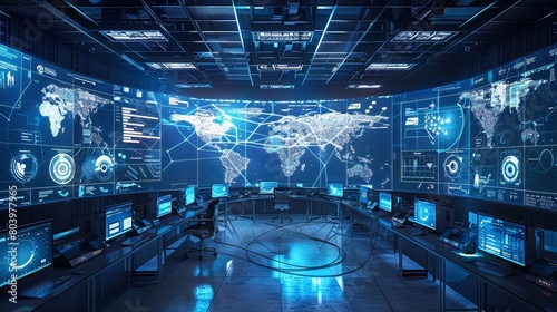 Telecommunication network operations center filled with monitors showing live network status and global connections