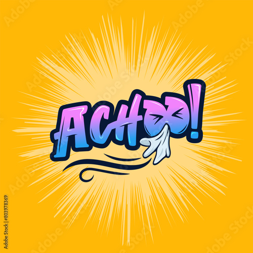 Achoo word for sneezing action or someone with cold. Best to show A sick person's action in a comic style word vector. png sticker can be printed.