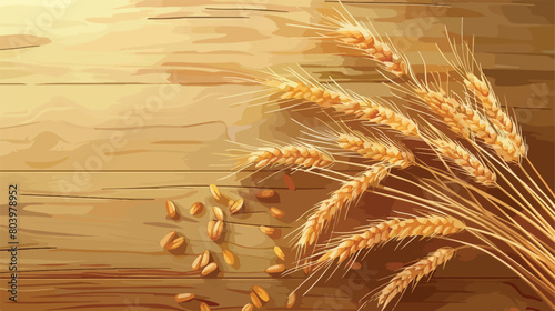 Wheat grains with spikelets on wooden background Vector photo