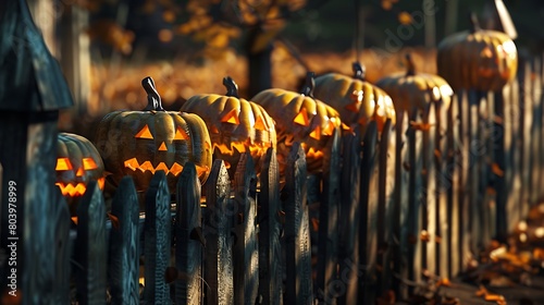Pumpkins carved with sinister faces lining a wooden fence, casting ominous shadows photo