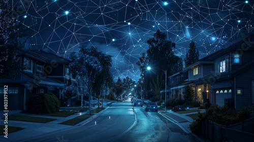 Quiet suburban streets at night, enhanced with global digital networks, portraying a safe and technologically advanced habitat photo
