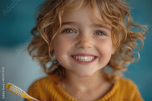 Happy child kid boy brushing teeth with toothbrush on blue background. Health care, dental hygiene. Mockup, copy space photo