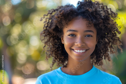 An African American girl with curly hair, wearing a light blue t-shirt, smiles outdoors on a sunny day.