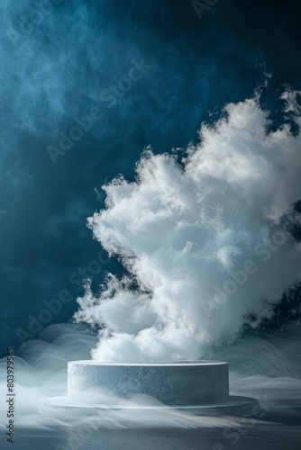 A podium, surrounded by clouds and symbolizing cloud computing, stands against a dark blue background with soft lighting highlighting the light gray product stand.