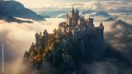 A castle in the fog on a mountain peak