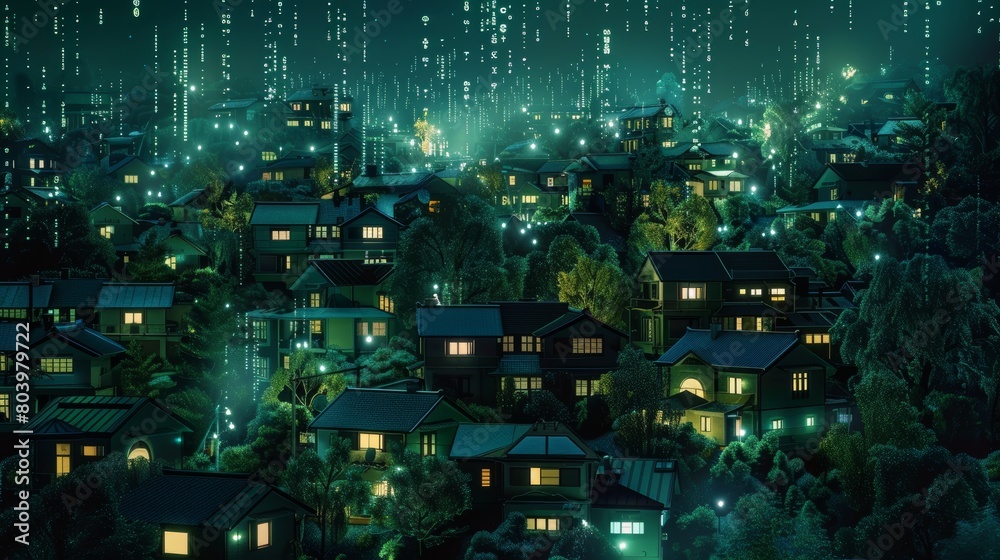 Night in a cyber-enhanced suburb, houses linked by data streams, secure and digitally advanced, under a global perspective