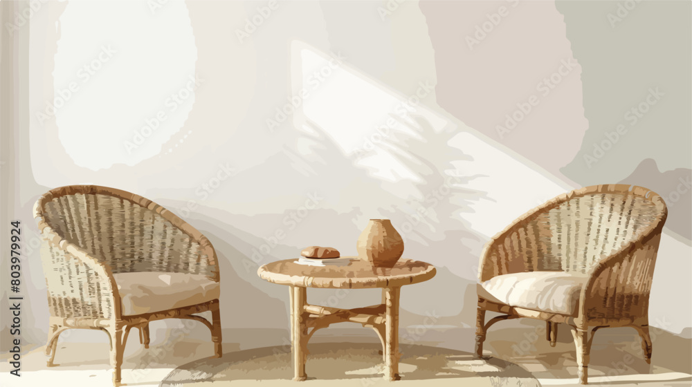 Wicker chairs and table near light wall in room Vector