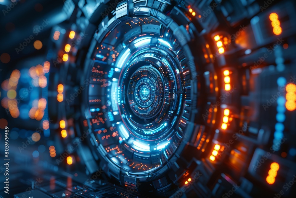A detailed close-up of a futuristic digital tunnel interface with glowing lights and intricate patterns A detailed close-up of a futuristic digital tunnel interface with glowing lights and intricate patterns