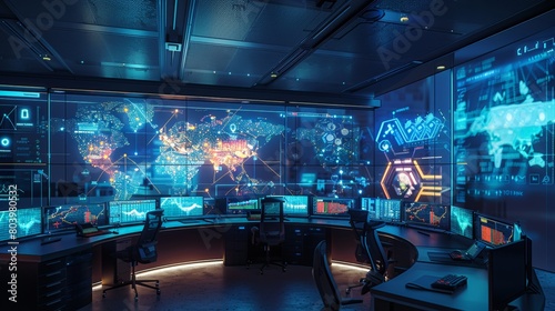 Cyber security operation center in action, monitors displaying real-time cyber threat maps and digital defense mechanisms.