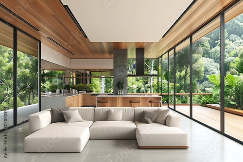 a modern open-plan living space with expansive windows showcasing a lush garden view