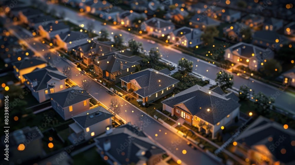Aerial view of suburban area at night, homes lit by digital grids, showcasing a global tech integration, peaceful yet connected
