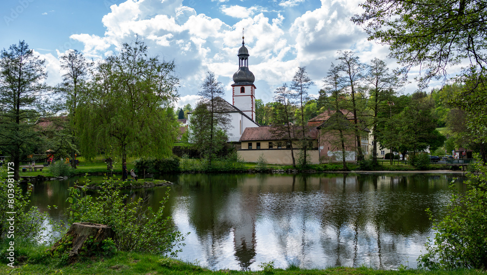City Marktschorgast with pond in Bavaria in Germany, Fichtelgebirge