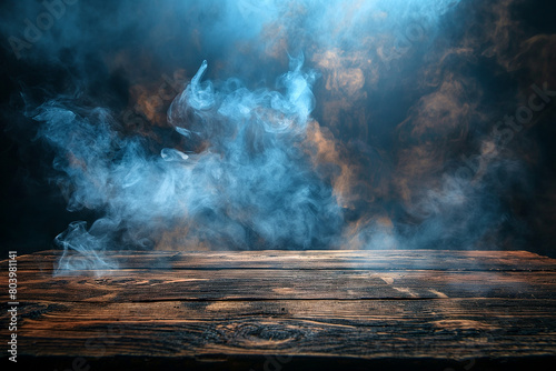 “Mystic Smoke” A wooden surface under enigmatic, swirling smoke, illuminated by a soft, ethereal light creating a mysterious and dramatic atmosphere. Copy space for your composition.