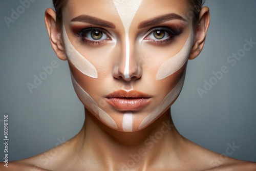 Facial Sculpting and Contouring: An image demonstrating facial sculpting and contouring techniques using skincare products or makeup to enhance facial features and create a more defined appearance.
 photo