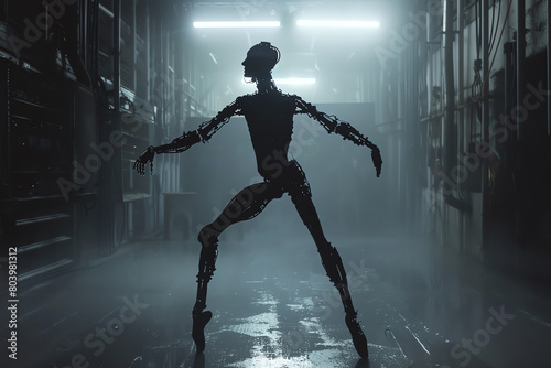 A dark and mysterious silhouette robotic figure stands in ballet pose in the center of a dimly lit room