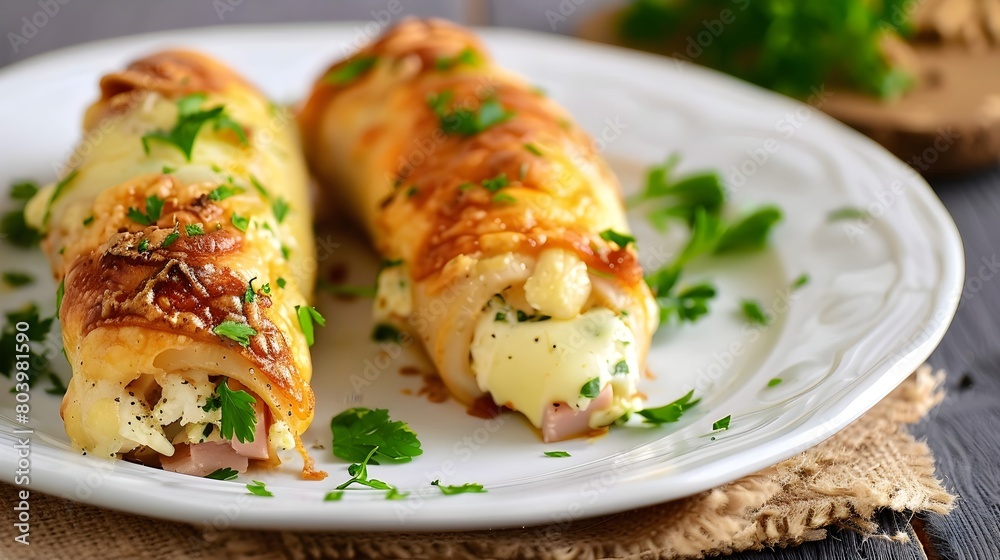 Close-up of two stuffed cannelloni on a white plate, topped with cheese and parsley. Italian cuisine dish for lunch or dinner. Close-up of two stuffed cannelloni on a white plate, topped with cheese and parsley. Italian cuisine dish for lunch or dinner.