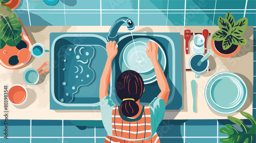 Woman washing dishes in kitchen sink top view Vector
