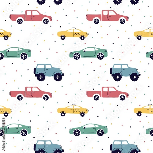 Seamless pattern with hand drawn cars, signs, dotss. Cartoon background for print, children, paper, print . trending art modern illustration photo