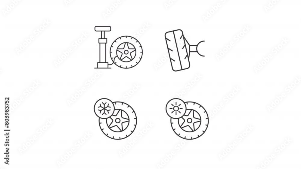 Tire service line animation library. Animated tyres icons. Seasonal