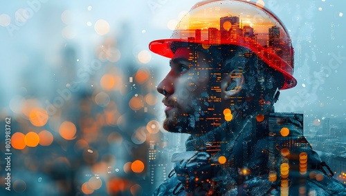 Portrait of a construction worker wearing a hard hat, overlayed with an image of a city skyline. Abstract double exposure photography. Urban development and industrial concept. photo