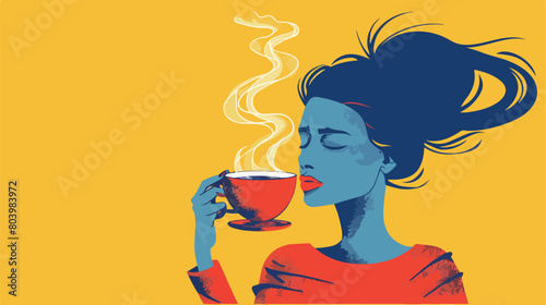 Woman with cup of hot coffee instead of her head an