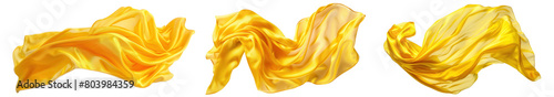 Yellow long silk or satin fabric floating in the air, transparent or isolated on white background