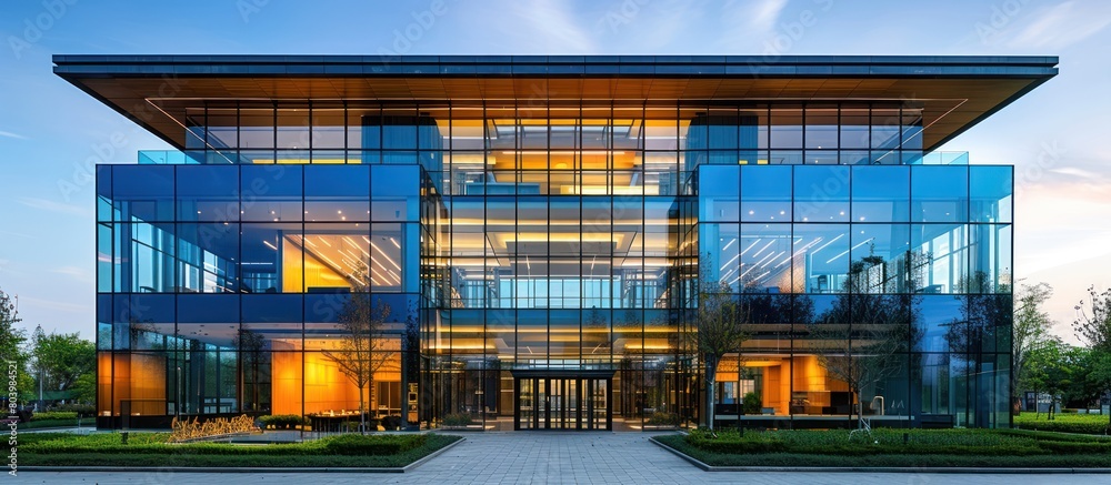 Modern glass office building exterior, shades of blue