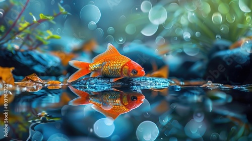 A vibrant goldfish amidst a mystical bubble-speckled aquatic realm photo