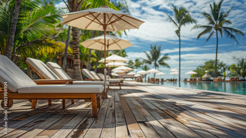 wooden sunbeds with white umbrellas by the pool in front of an island hotel