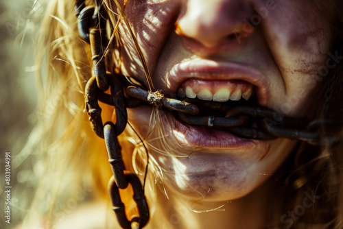 A lady engaging in the act of gnawing metal chains, depicting a struggle for freedom. photo