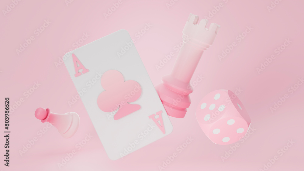 3d playing card chess pieces playing dice isolated pink 3d playing card chess pieces playing dice isolated pink
