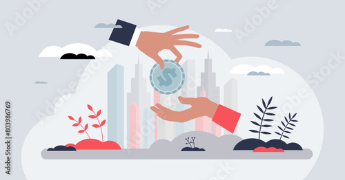 Corporate responsibility and business money charity tiny person concept. Financial support from businessman as solidarity gesture to society vector illustration. Philanthropy and fundraiser project.