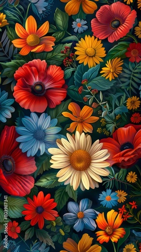 seamless background with still life of colorful summer flowers